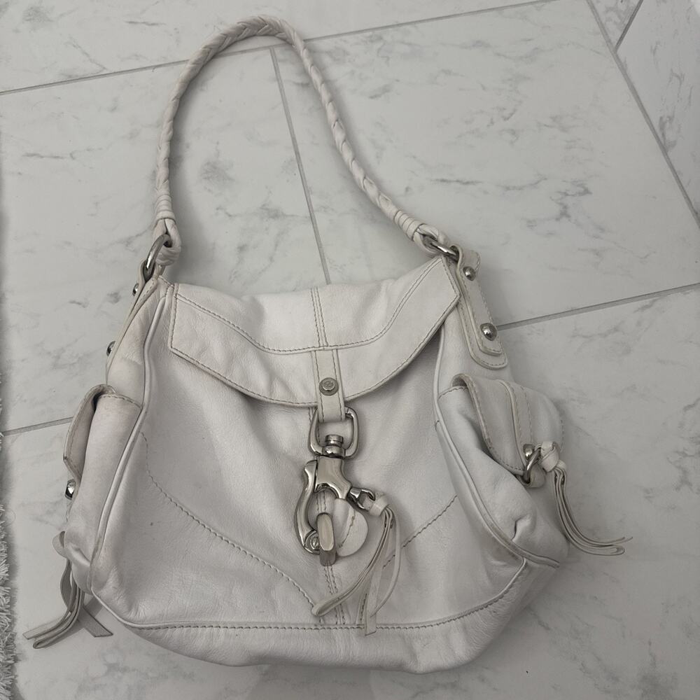 Francesco Biasia White Leather Satchel Purse Shoulder Bag Chain Detail